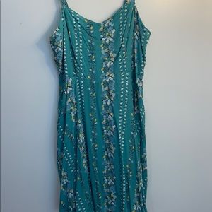 teal background floral dress, smooth material